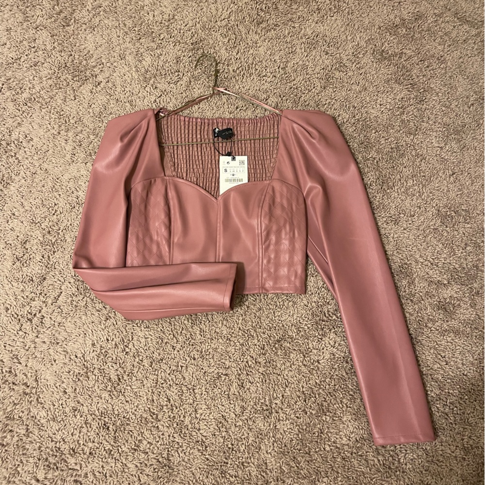 Zara Pink Faux Leather Puff Sleeve Crop Top